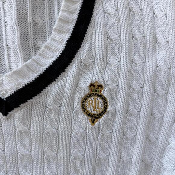 Vintage Lauren Active Ralph Lauren White Cable Knit V-Neck Sweater Size L - Picture 2 of 8